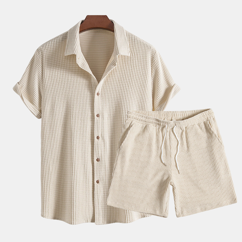 Letni Zestaw z Koszulką Polo i Szortami – Oddychająca Tkanina Waflowa, Elastyczny Pas, Regular Fit, Beżowy, Zielony, S–3XL 0