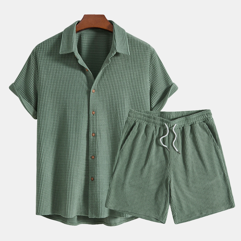 Letni Zestaw z Koszulką Polo i Szortami – Oddychająca Tkanina Waflowa, Elastyczny Pas, Regular Fit, Beżowy, Zielony, S–3XL 3