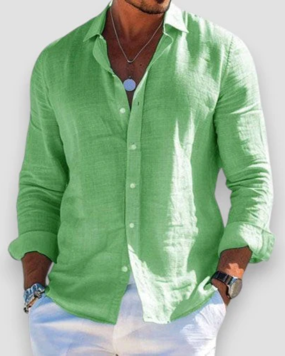 Adam | Koszula lniana męska z długim rękawem - Jasnozielony