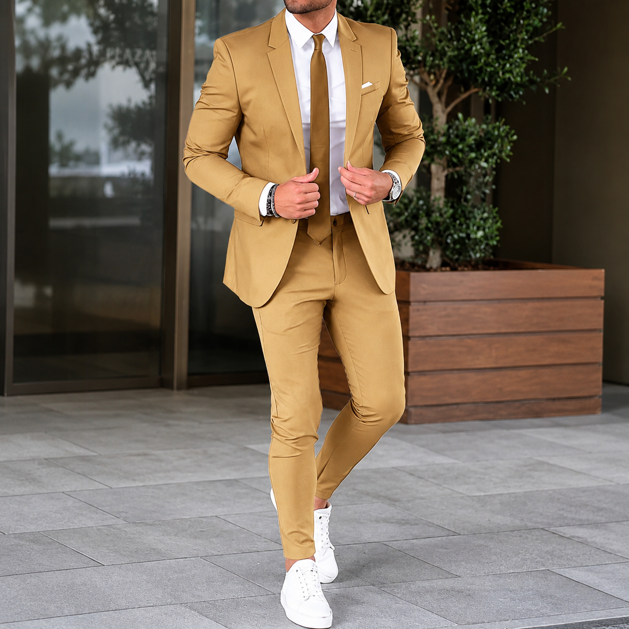 Damian | Garnitur męski 2-częściowy slim fit - Beżowy