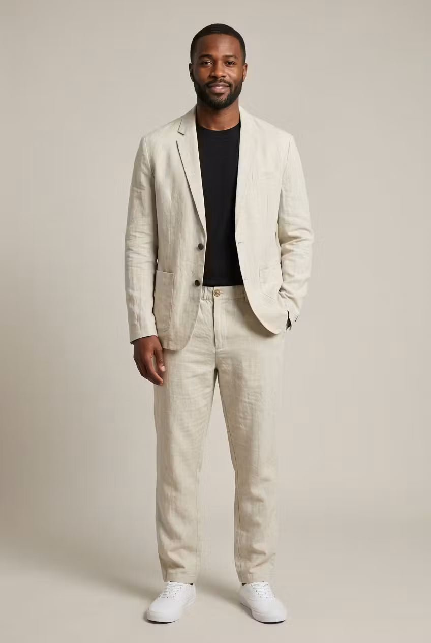 Emil | Garnitur lniany męski relaxed fit - Morelowy
