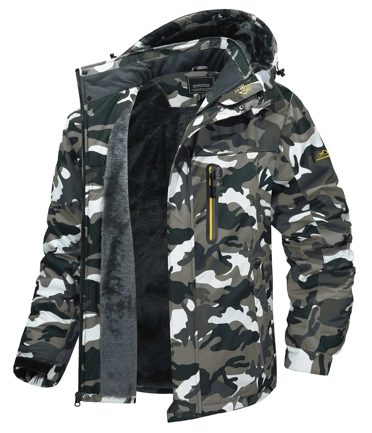Marcelin | Kurtka narciarska męska ocieplana polarem - Black & Green Camo