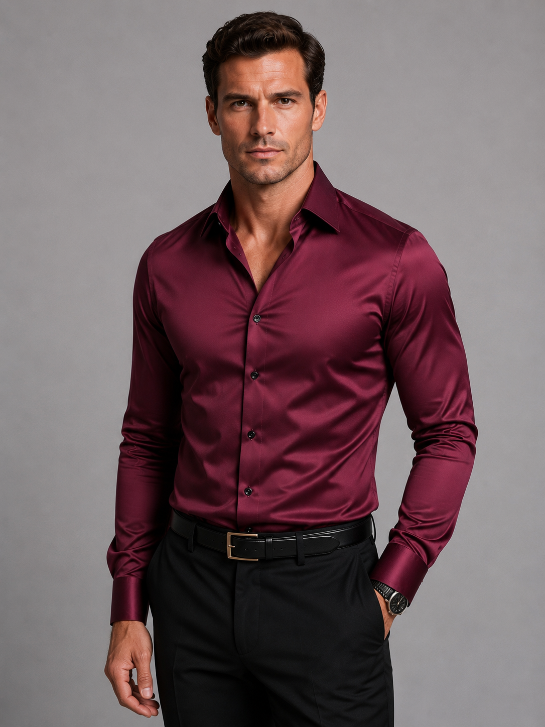 Miłosz | Koszula męska satynowa slim fit - Bourgondisch