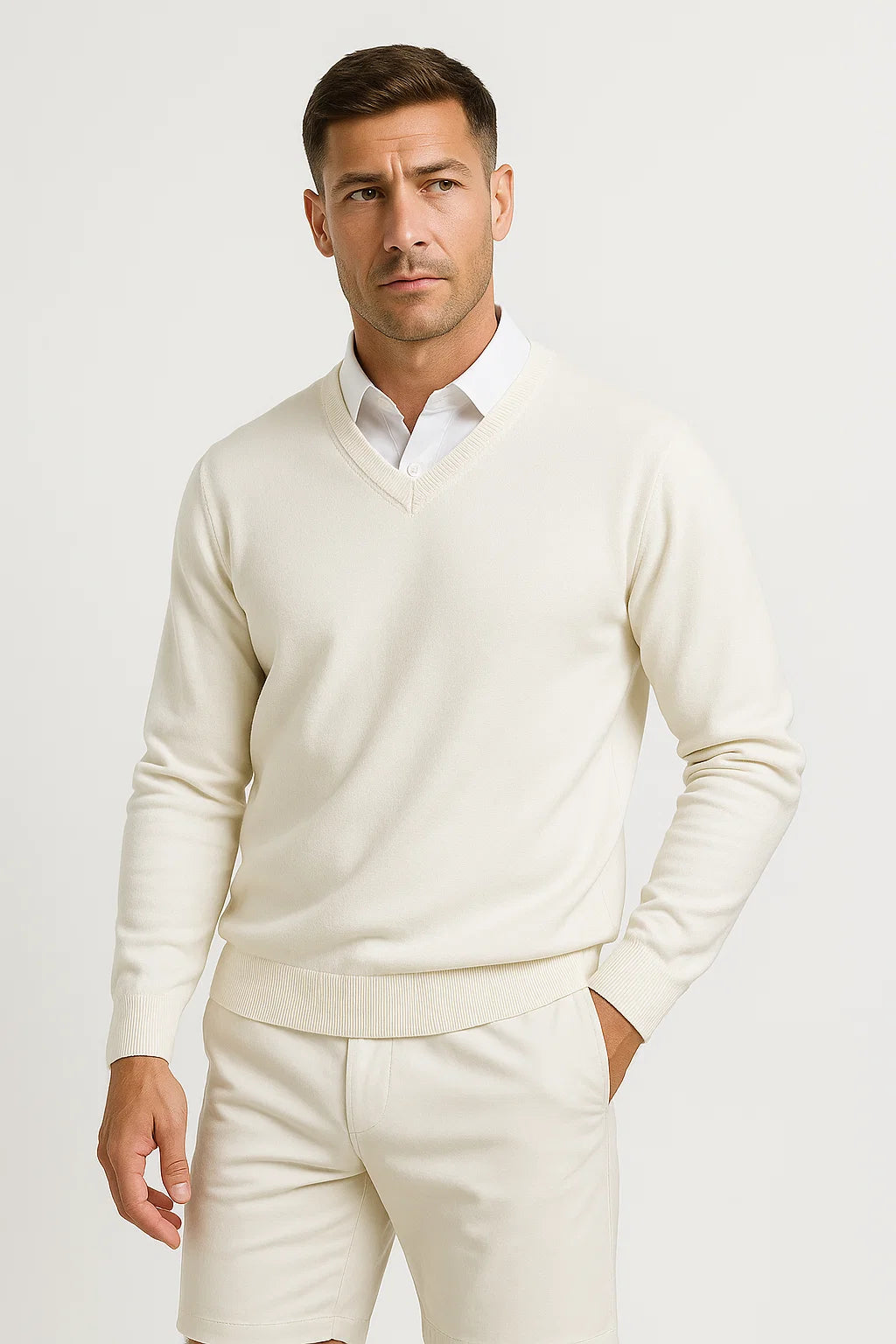 Mirosław | Sweter męski w serek slim fit - Biały