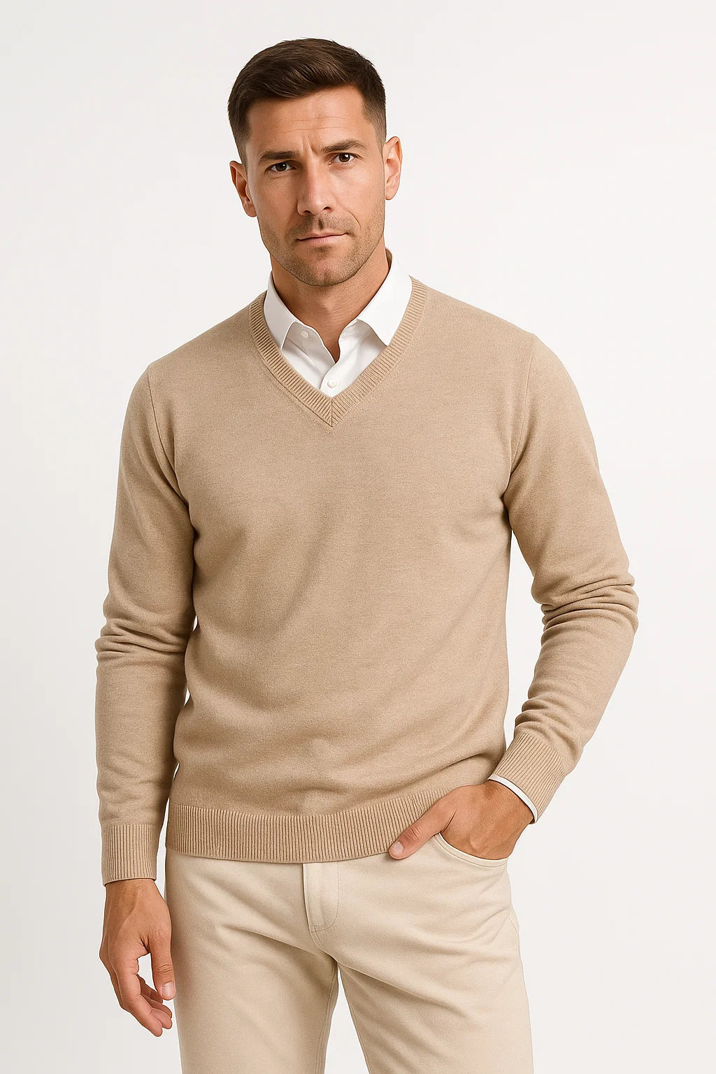 Mirosław | Sweter męski w serek slim fit - Camel