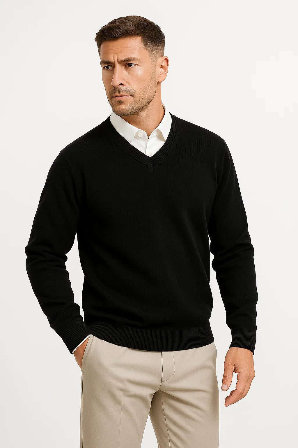 Mirosław | Sweter męski w serek slim fit - Czarny