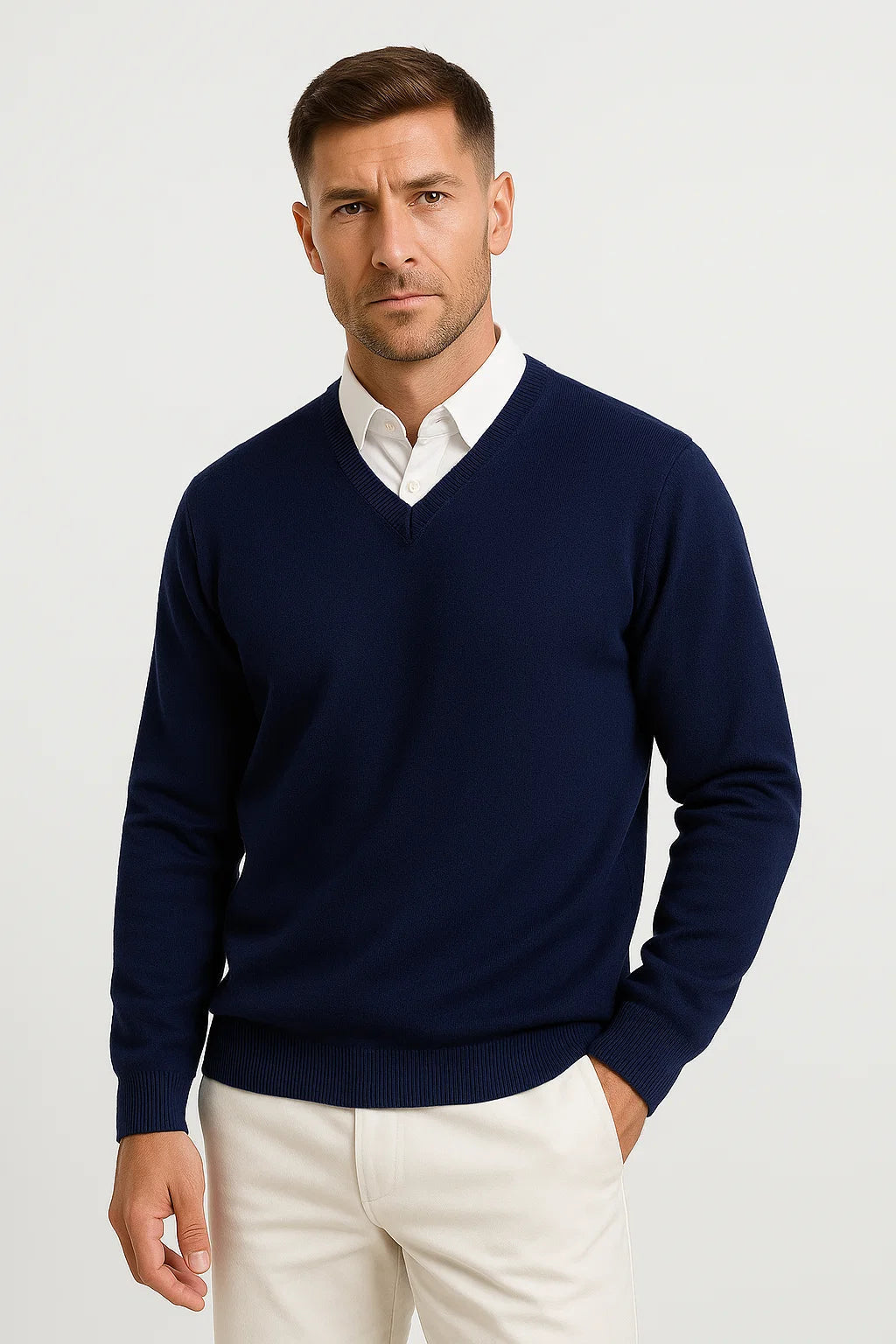 Mirosław | Sweter męski w serek slim fit - Granatowy