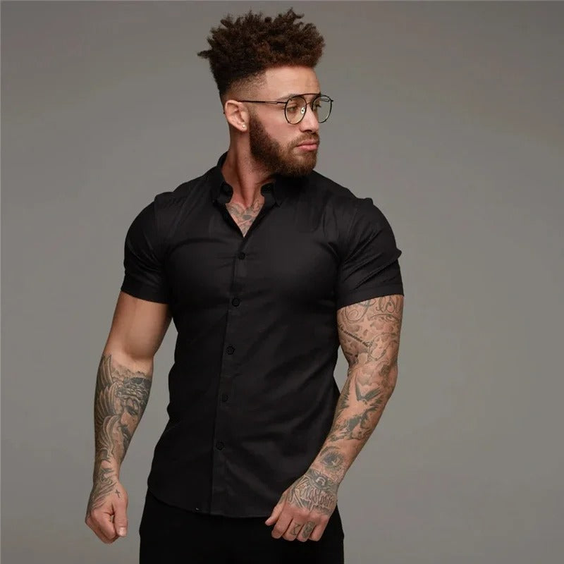 Patryk | Koszula męska z krótkim rękawem slim fit - Czarny