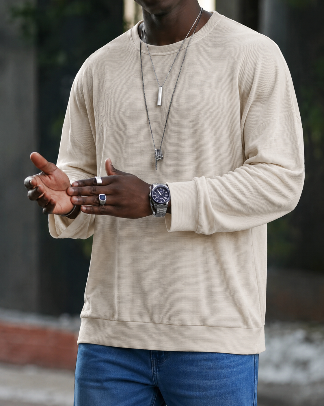 Sebastian | Sweter męski klasyczny z prążkowanym splotem - Jasne khaki