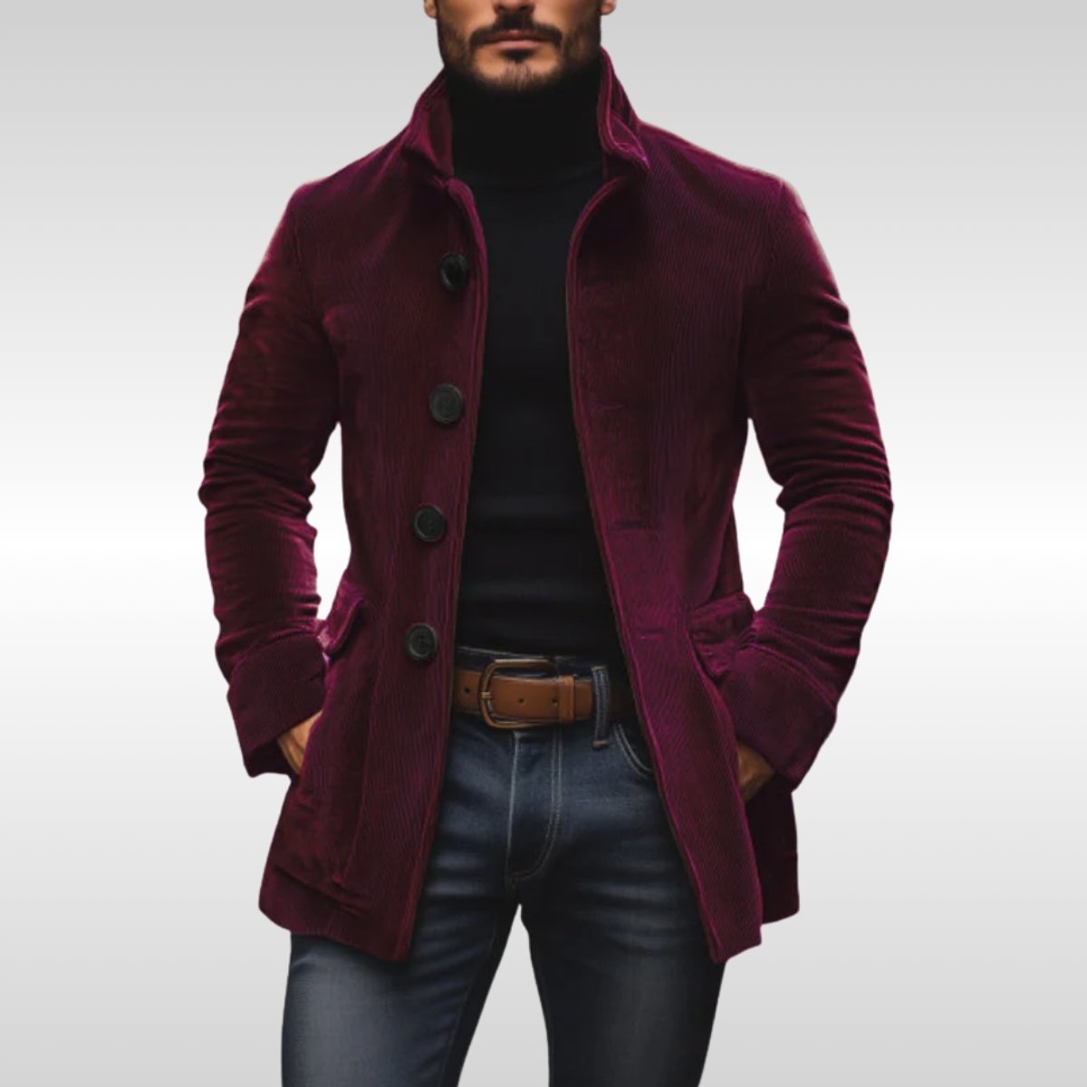 Seweryn | Płaszcz męski sztruksowy slim fit ze stójką - Bordowy