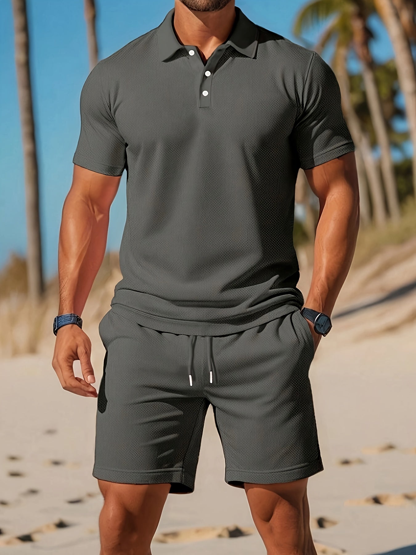 Tomasz | Komplet polo i szorty męski slim fit - Ciemnoszary