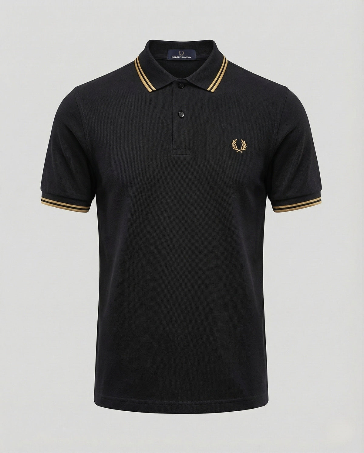 Bronisław | Koszulka polo męska piqué z krótkim rękawem - Czarny z podwójnym ciemnozłotym kołnierzem