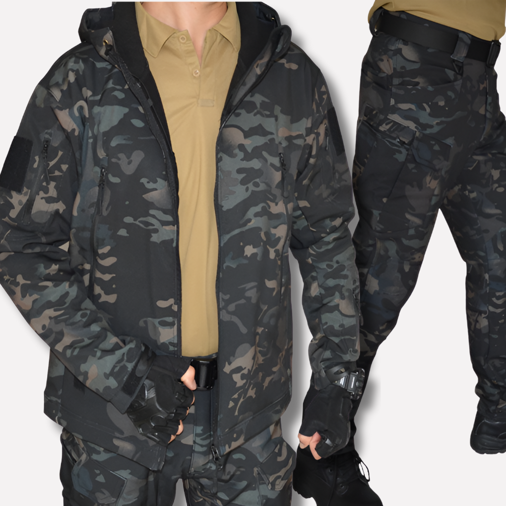 Cezary | Komplet softshell męski, kurtka i spodnie - Ciemny kamuflaż