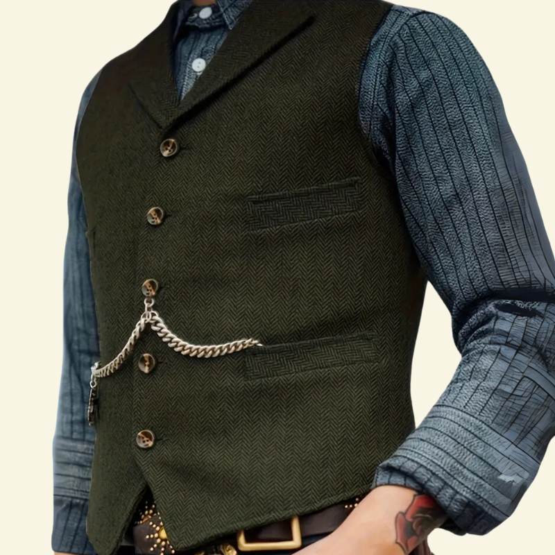 Damian | Kamizelka męska tweedowa slim fit - Zielony wojskowy