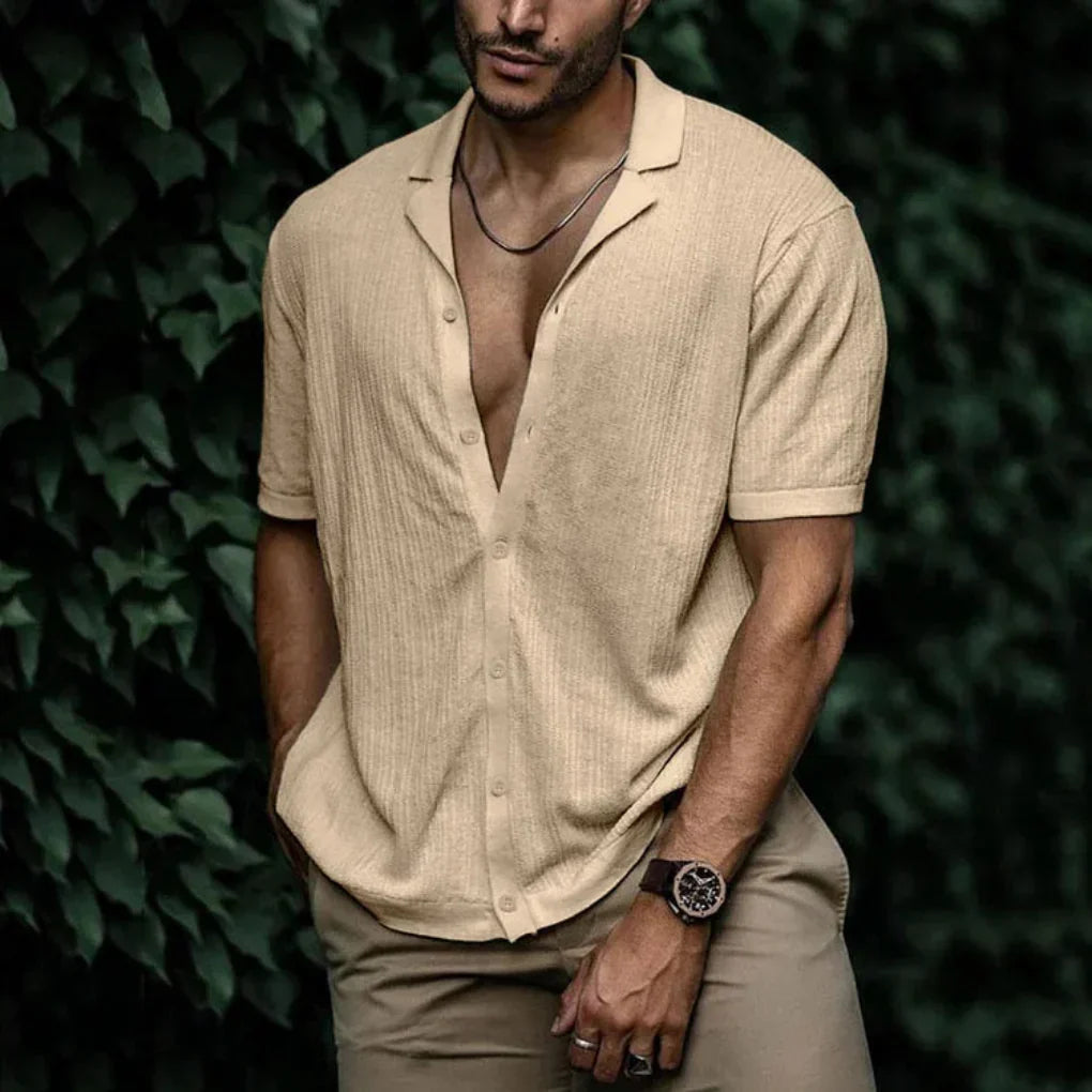 Filip | Koszula lniana męska z krótkim rękawem - Khaki