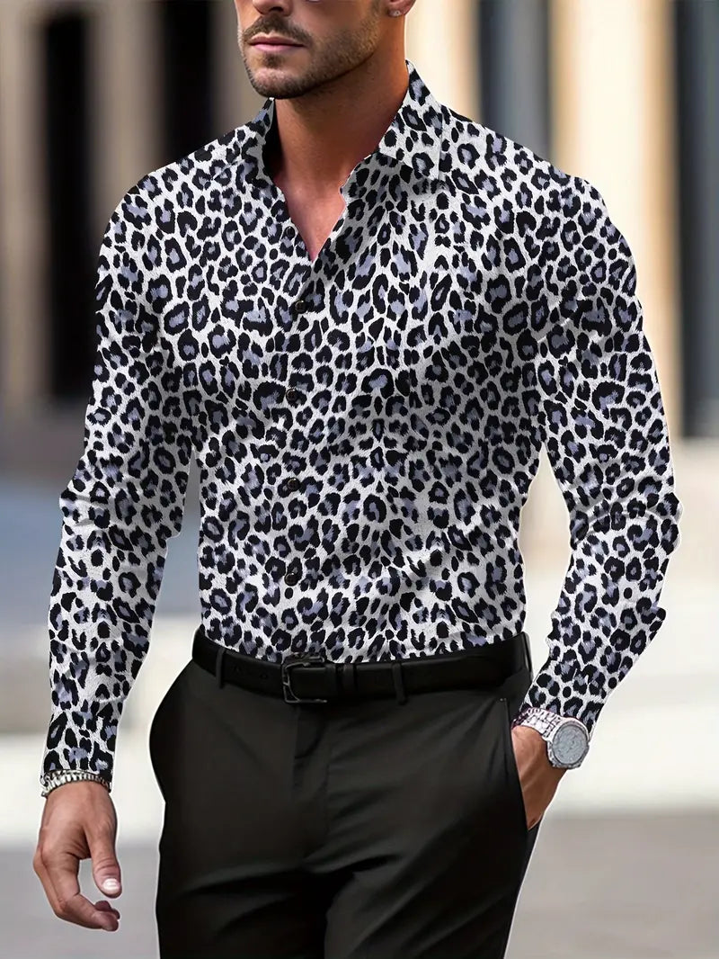 Marcin | Koszula męska w panterkę z długim rękawem - Szary