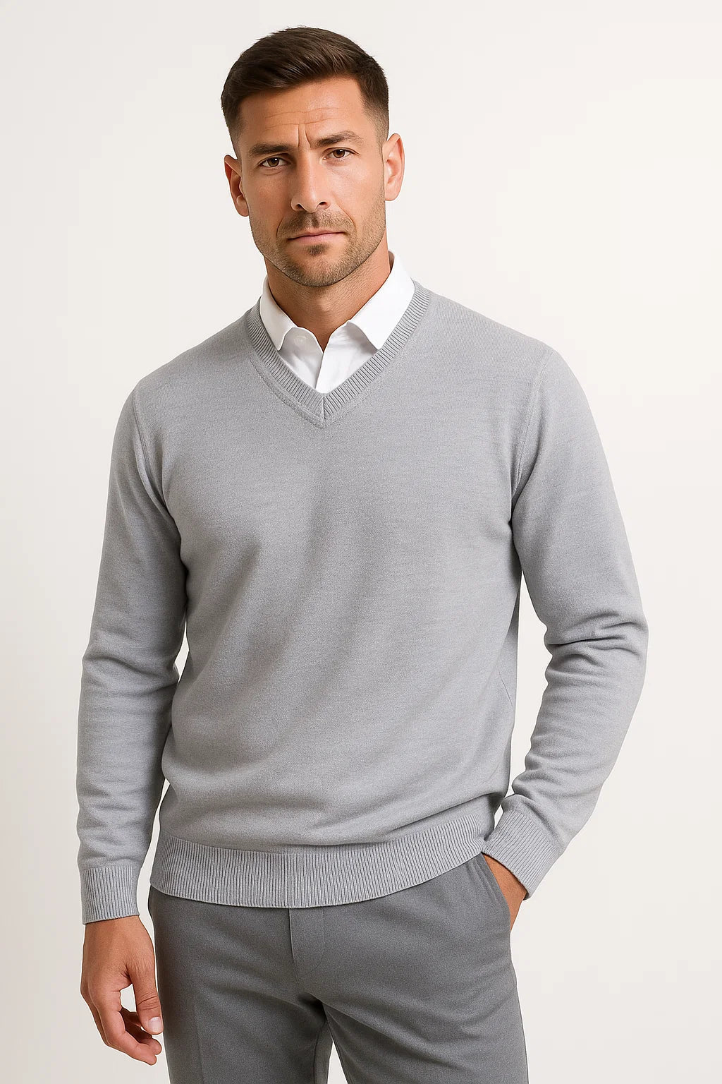 Mirosław | Sweter męski w serek slim fit - Szary
