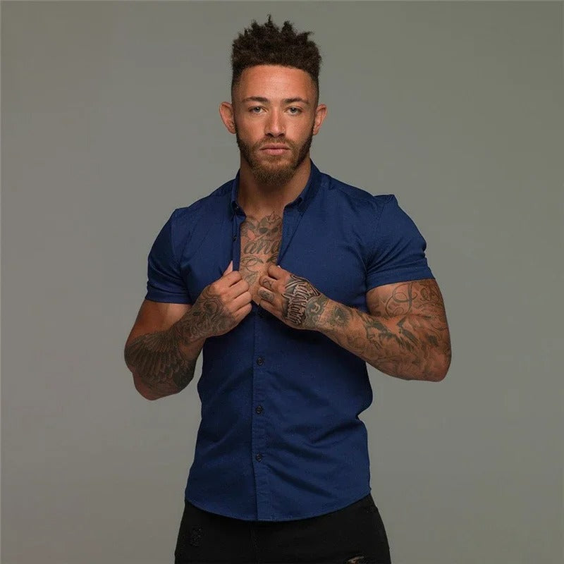 Patryk | Koszula męska z krótkim rękawem slim fit - Niebieski