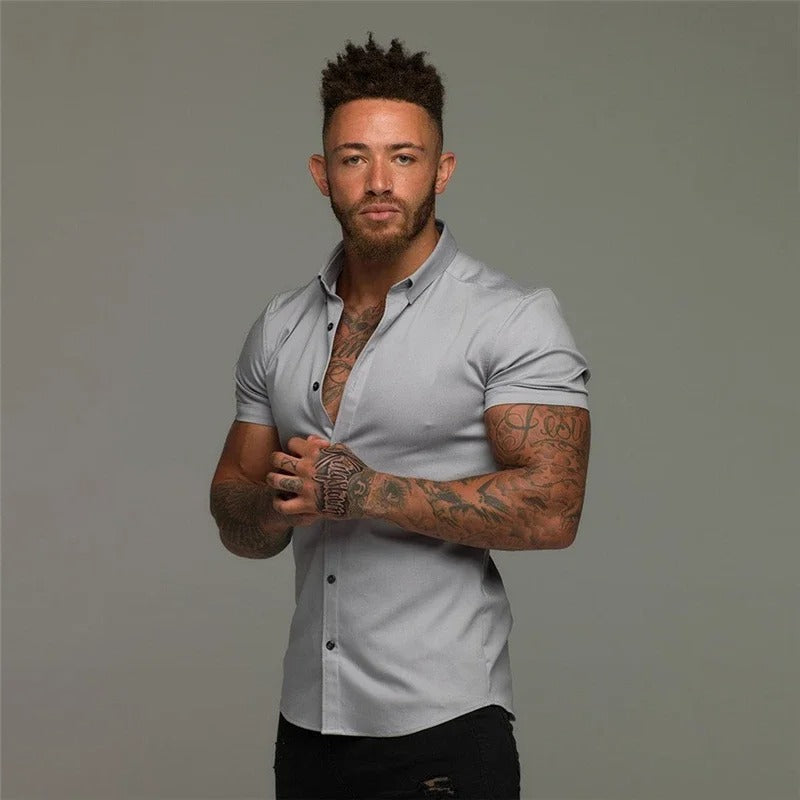 Patryk | Koszula męska z krótkim rękawem slim fit - Szary