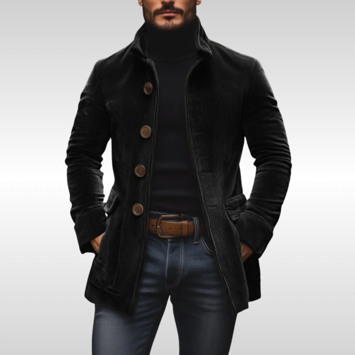 Seweryn | Płaszcz męski sztruksowy slim fit ze stójką - Czarny