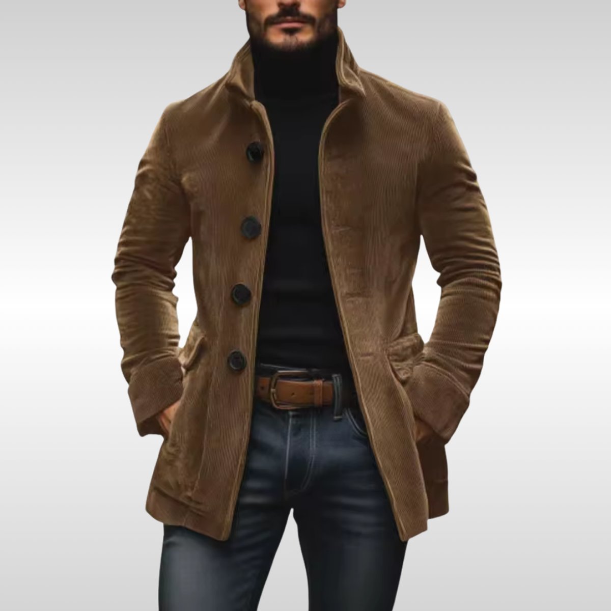 Seweryn | Płaszcz męski sztruksowy slim fit ze stójką - Jasnobrązowy
