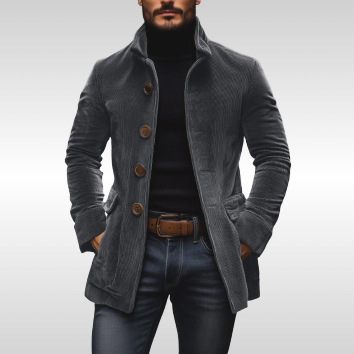 Seweryn | Płaszcz męski sztruksowy slim fit ze stójką - Szary
