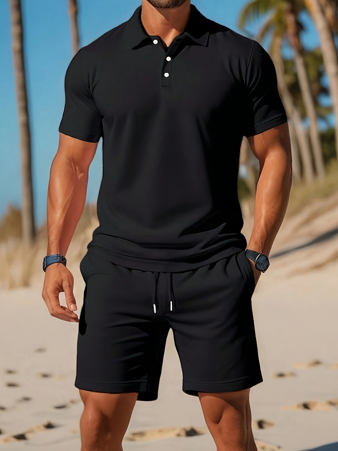Tomasz | Komplet polo i szorty męski slim fit - Czarny