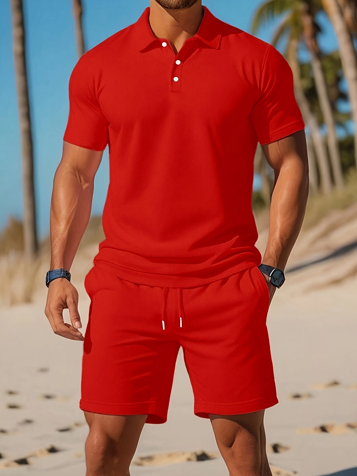 Tomasz | Komplet polo i szorty męski slim fit - Czerwony