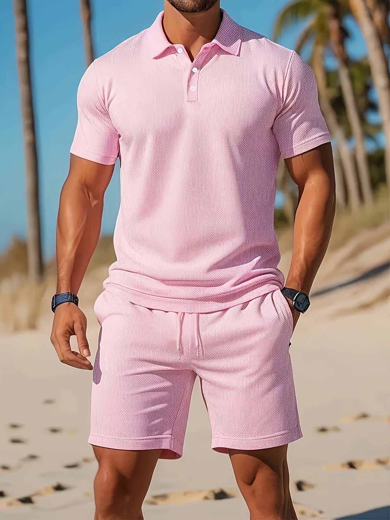 Tomasz | Komplet polo i szorty męski slim fit - Różowy